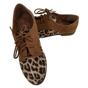 Qupid Girl's Brown Black Suede Leopard Print Lace Up Low Top Oxford Shoes Size 6